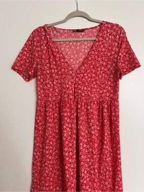 Zara Coral-Red Printed Scoop Neck Top